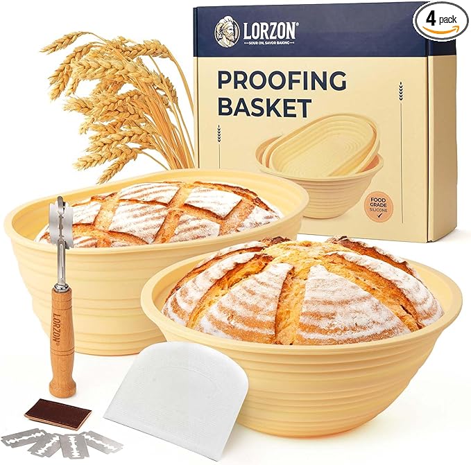 Silicone Banneton Bread Proofing Baskets Set of 2, 9" Round & 10" Oval Foldable Sourdough Proofing Baskets with Sourdough Bread Baking Supplies, Including Bread Lame, Dough Scraper
