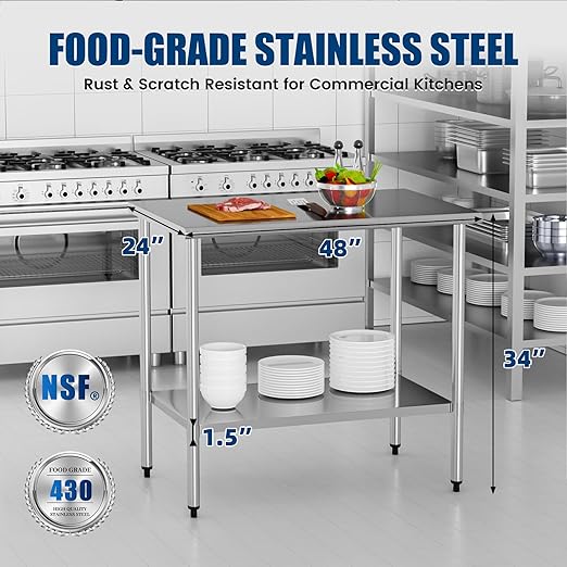 Stainless Steel Work Table 24 x 48 Inch with Adjustable Undershelf, Heavy-Duty Metal Prep Table for Commercial Kitchen & Restaurant, Garage, Outdoor