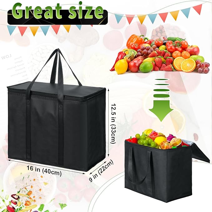 Kenning 8 Pcs Large Insulated Reusable Grocery Bags with Sturdy Zipper and Handles Foldable Washable Cooler Totes Heavy Duty Hot or Cold Food Delivery Bag for Food Transport Travel Lunch (Black)
