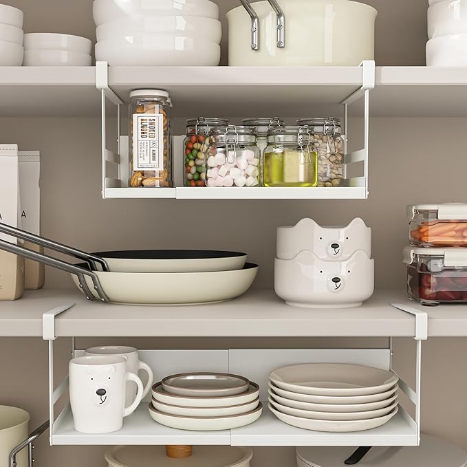 Expandable Under Cabinet Shelf Organizer with 0.94-Inch Thick Clips, Heavy Duty Extendable Under Shelf Storage Basket for Pantry or Laundry Room, White, 2 Pack, Interior: 5.7" H x 7.2" D