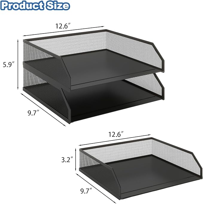 Natwind 2-Tier Stackable Paper Tray, Metal Mesh Desktop Organizer, A4 Paper Sorter, Letter Trays,File Folder Sorter Organizer with Sliding Tray for Home, Office, School (Black)