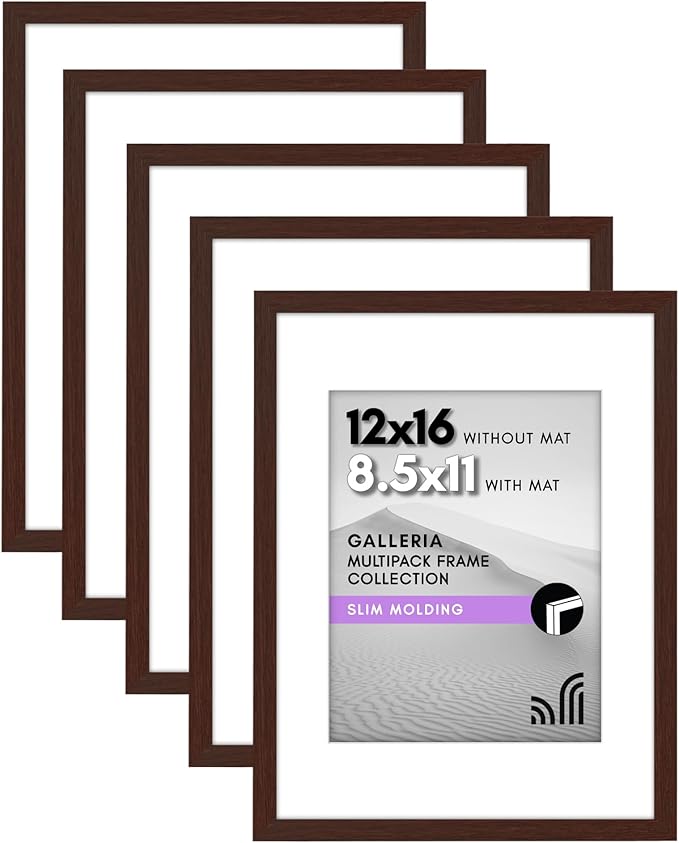 Americanflat 12x16 Picture Frame with Polished Plexiglass - Set of 5 - Use as 8.5x11 Frame with Mat or Display 12x16 Photo Without Mat - Galleria Collection - Picture Frames for Wall - Mahogany