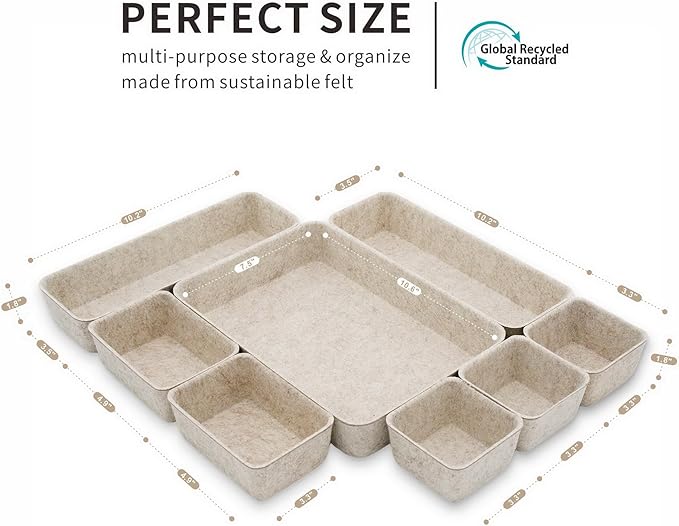 8pc Nordic Felt Desk Drawer Organizer Tray Beige Oatmeal Storage Bin | - Image 7