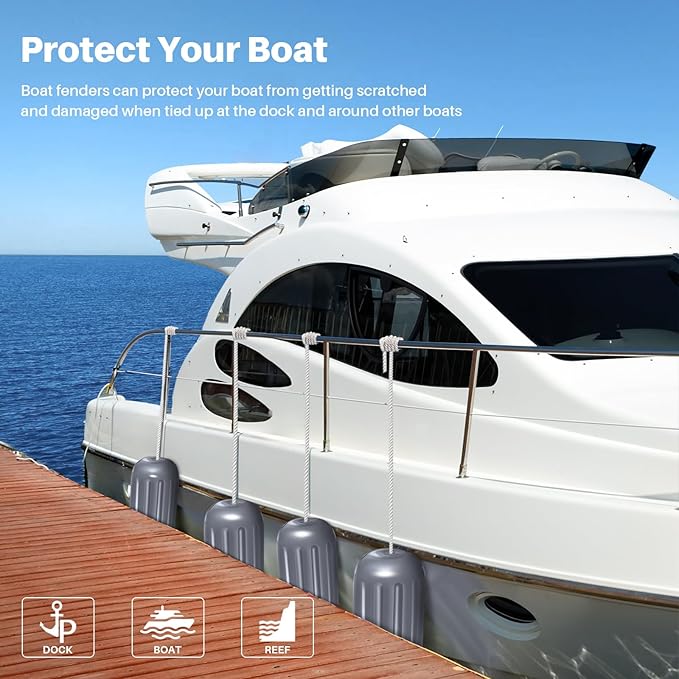Boat Fenders 4 Pack 10 x 28 Inches Ribbed Center Hole Boat Fenders Bumpers for Docking, Comes with Ropes and Pump to Inflate