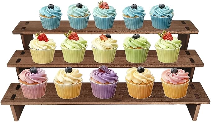 3 Tier Cupcake Stand Wood - Wooden Cupcake Display Stand, Rustic Wooden Riser, Display Shelf for Vendors, Cup Cake, Dessert, Spice Rack, Candles, Matcha Station, Install in 30s