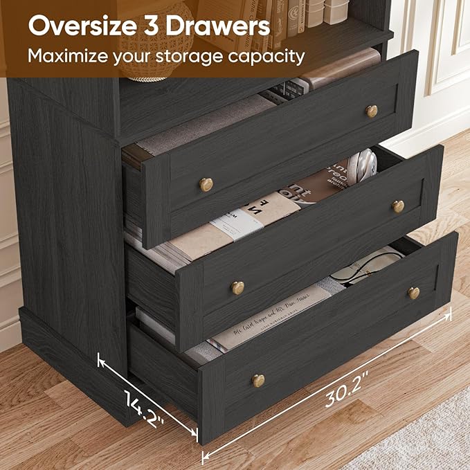 Vyre 71" Tall Farmhouse Kitchen Pantry, Set of 3 Large Storage Cabinets with 3 Drawers, Adjustable Shelves, Wood Versatile Hutch Cabinet for Living Room, Dining Room, Black