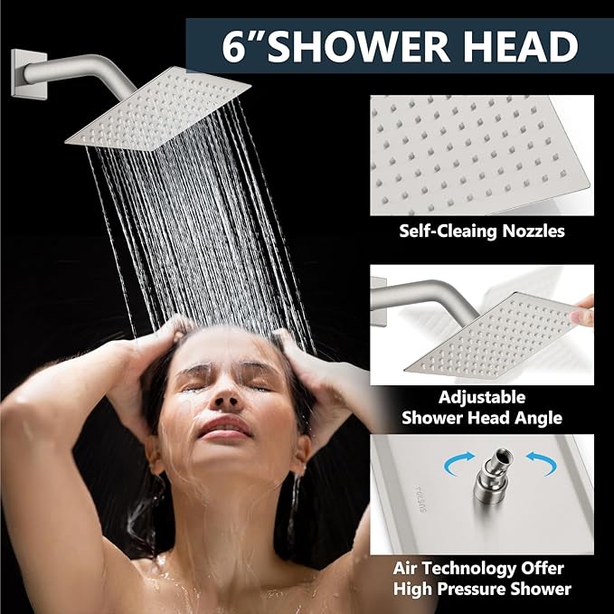 Aolemi Shower Faucet Set Ceiling Mount Shower System Rough-in Valve and Shower Trim Kit 2 in 1 Handheld Spray Push Button Diverter 16 and 6 Inch Dual Shower Head Brushed Nickel