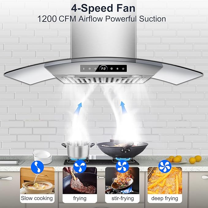 30 inch Wall Mount Range Hood, 1200 CFM with 4-Speed Gesture Sensing & Touch Control, Stainless Steel Kitchen Stove Vent Hoods with 2 LED Lights, Time Setting, Dishwasher-Safe Baffle Filters