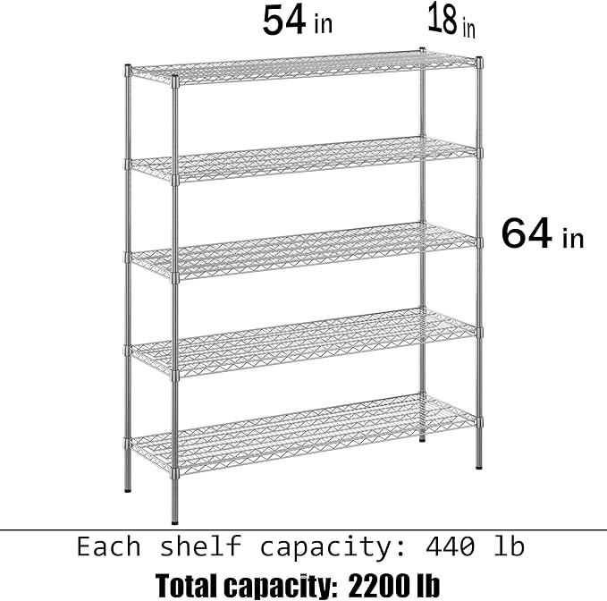 18" Deep x 54" Wide x 64" Height Wire Shelving Kit | 5-Tier | NSF Commercial Storage Rack Unit