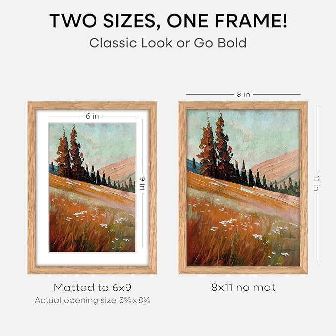 Homeforia 8x11 Picture Frame Wood, High End Natural Oak 8 x 11 Light Wooden Frames with Mat 6 by 9 inch Photo, 8by11 Frame Matted to 6x9 Art, Wall or Tabletop Frame, Tempered Glass, Wall Kit, Set of 3
