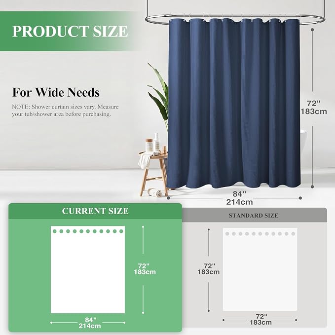 Dynamene Extra Wide Waffle Shower Curtain 256 GSM Fabric 84x72 Navy Blue - Image 2