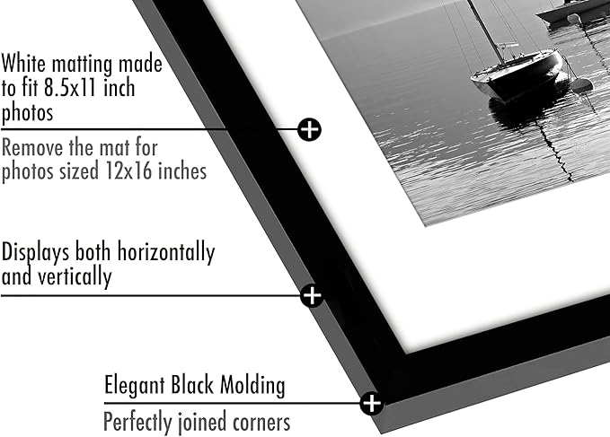 Americanflat 12x16 Picture Frame with Polished Plexiglass - Set of 5 - Use as 8.5x11 Frame with Mat or Display 12x16 Photo Without Mat - Galleria Collection - Picture Frames for Wall Display - Black