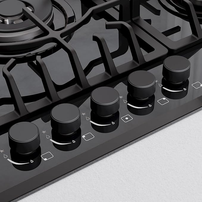 Empava 36 Inch Gas Stove Cooktop 5 Italy Sabaf Sealed Burners NG/LPG Convertible in Black Tempered Glass