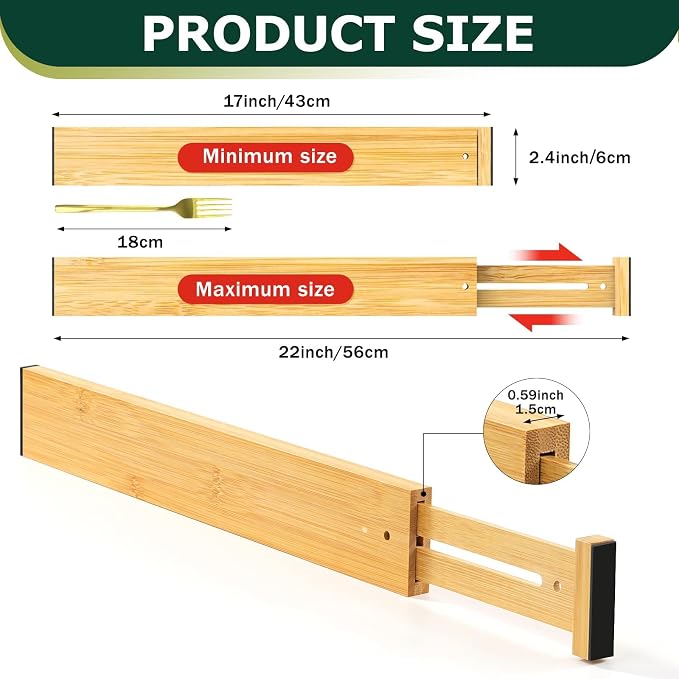 Kitchen Drawer Dividers 6 Pack Bamboo Drawer Organizers | 17-22" Adjustable - Image 5