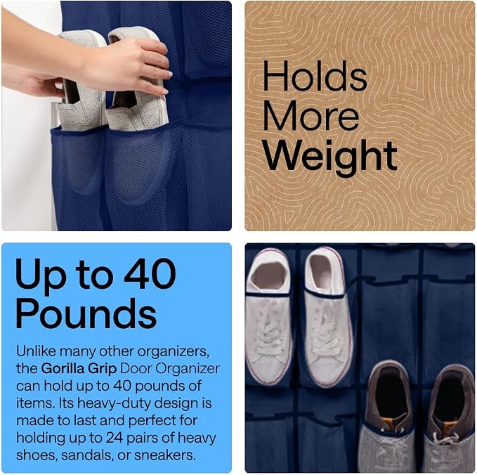 GORILLA GRIP Over the Door Shoe Organizer, 24 Large Pockets, Space Saving - Image 3