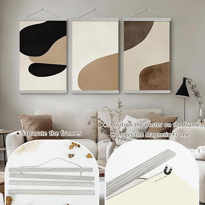 2 Pack Magnetic Poster Hanger Frame, 24x36 24x32 24x18 Light Wood Wooden Magnet Canvas Artwork Print Dowel Poster Hangers Frames Hanging Kit (Grey, 24", 2 Packs)