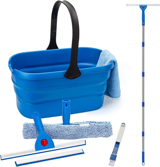 Window Squeegee Kit with 3 Gallon Collapsible Bucket, 5.5 Ft Long Handle by KeFanta