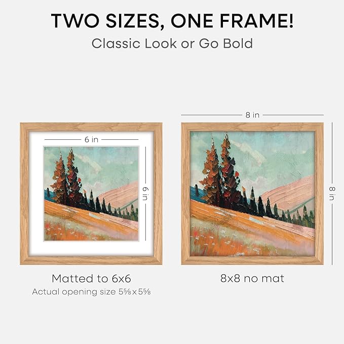 Homeforia 8x8 Picture Frames Wood, High-End Natural Oak 8 x 8 Square Frames with Mat 6 by 6 inch Photo, 8by8 Light Wooden Frames Matted to 6x6 Print, Tabletop Frame, Tempered Glass, Wall Kit, Set of 4