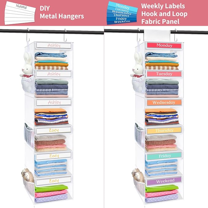 Fixwal Weekly Kids Clothes Organizer 6-Shelf Hanging Closet Storage White | - Image 7