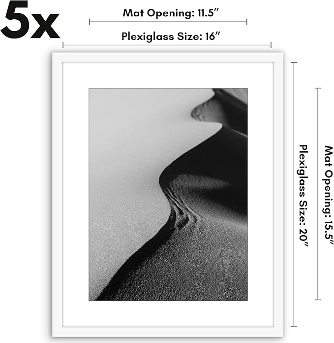 Americanflat 16x20 Picture Frame with Polished Plexiglass - Set of 5 - Use as 12x16 Frame with Mat or Display 16x20 Photo Without Mat - Galleria Collection - Picture Frames for Wall Display - White
