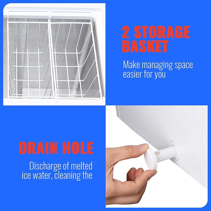 Deep Mini Freezer Top Open Door Compact Freezer Small Chest Freezer with Removable Storage Basket for Home Kitchen Garage White
