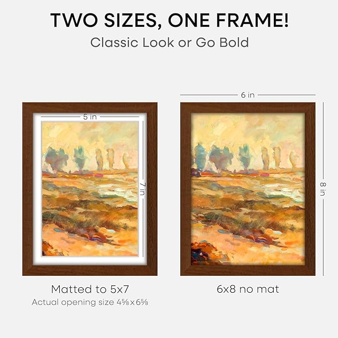 Homeforia 6x8 Picture Frame Brown Wood, High End Dark Oak 6x8 Walnut Wooden Frames with Mat 5x7 Photo, 6 x 8 Frame Matted to 5 x 7 Print, 8x6 Wall or Tabletop Frame, Tempered Glass, Wall Kit, Set of 2