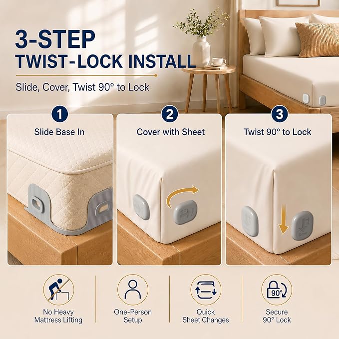 Bed Sheet Holders for Corners, 90° Quick-Lock Fitted Sheet Holder, no metal - Image 3