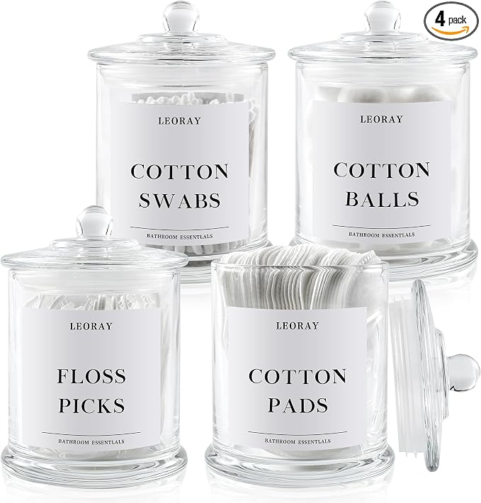 LEORAY 4 Pack Glass Qtip Holder Dispenser by LEORAY
