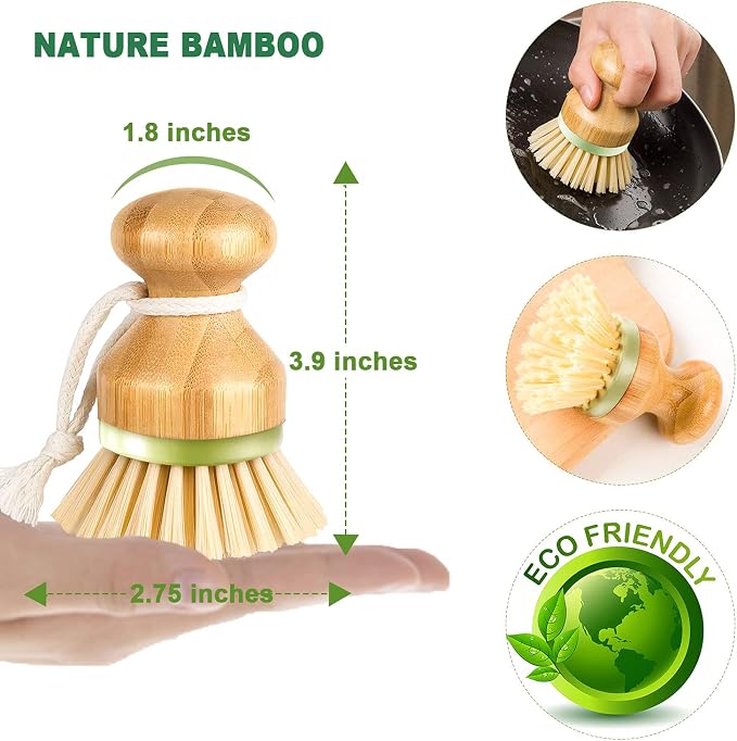 Bamboo Dish Brush, Scrub Brush for Dishes Pots Pans Kitchen Sink Cast Iron - Image 3