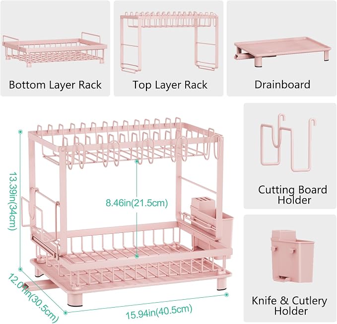 2-Tier Dish Drying Rack for Kitchen Counter, Space-Saving, Auto Drain Spout - Image 6
