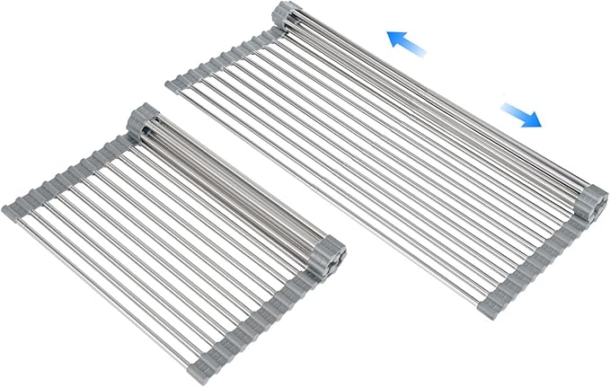 Large Expandable Roll Up Dish Drying Rack, Heat-Resistant Dish Drainer for Stainless Steel Sinks, Over The Sink Non-Slip Silicone Rollable Dish Drainer Roll Rack 18 Tube Gray 21.25''x12.79''