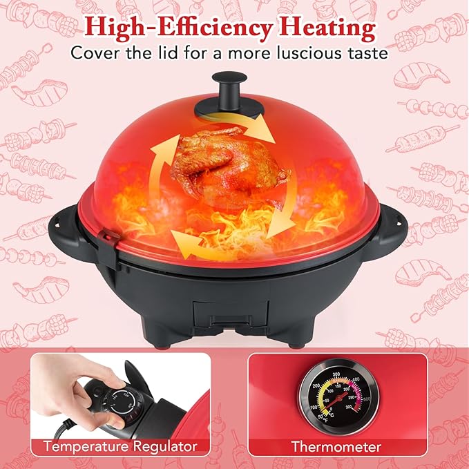Giantex Electric Grill Outdoor, 1200W Electric BBQ Grills Outdoor Cooking with Lid & Thermometer, Nonstick Griddle, Drip Tray, 2-in-1 Freestanding & Tabletop Grill for Apartments Backyard Party, Red