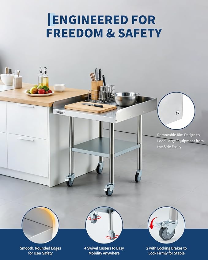 Garvee Stainless Steel Work Table, 24x24x26 Inch Commercial Food Prep Worktable with Wheels, Detachable 3-Sided Backsplash & Height-Adjustable Shelf, Heavy Duty Workbench for Kitchen Restaurant Garage