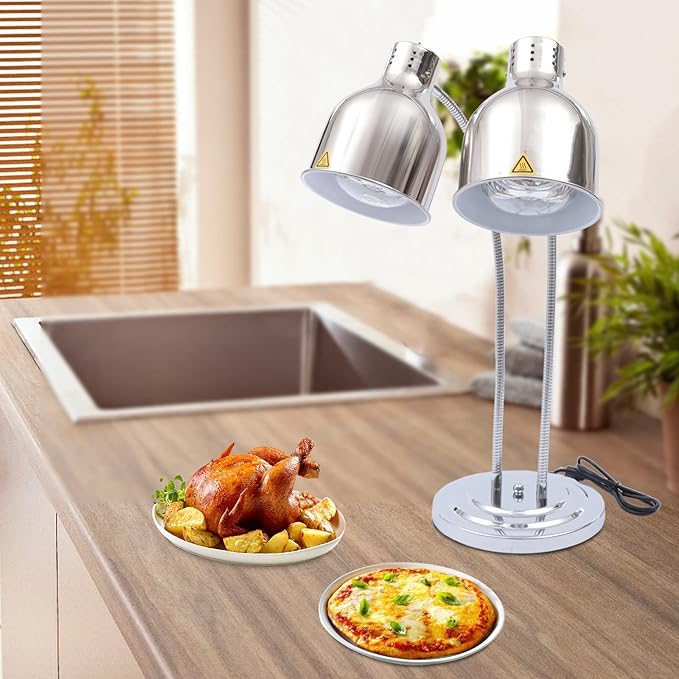 Food Heat Lamp Warmer Silver, 500W Double Bulbs Buffet Display Heating Preservation Light, Electric Portable Infrared Heating Lamp with 360°Adjustable Head (Silver Style2)