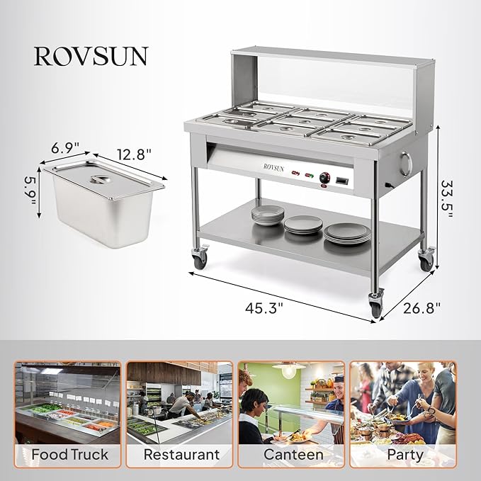 ROVSUN 72QT Electric Commercial Food Warmer 1500W, 9-Pan Steam Table 8QT/Pan Stainless Steel Bain Marie w/Acrylic Shield Overshelf Undershelf Temperature Control & Lid for Buffet Restaurant 110V