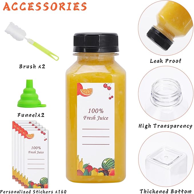 Plastic Juice Bottles 150 pcs 8 oz Empty Plastic Water Bottles with Caps Reusable Clear Beverage Containers for Drinking, Juicing, Smoothie, Water with 2 Brushes, 2 Funnels, 160 Stickers (8 OZ)