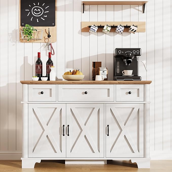 Farmhouse Buffet Cabinet with Storage, White Sideboard Buffet Cabinet with Adjustable Shelves & 3 Drawers, Buffet Table Coffee Bar Wine Bar Storage for Kitchen & Living Room, 47inch