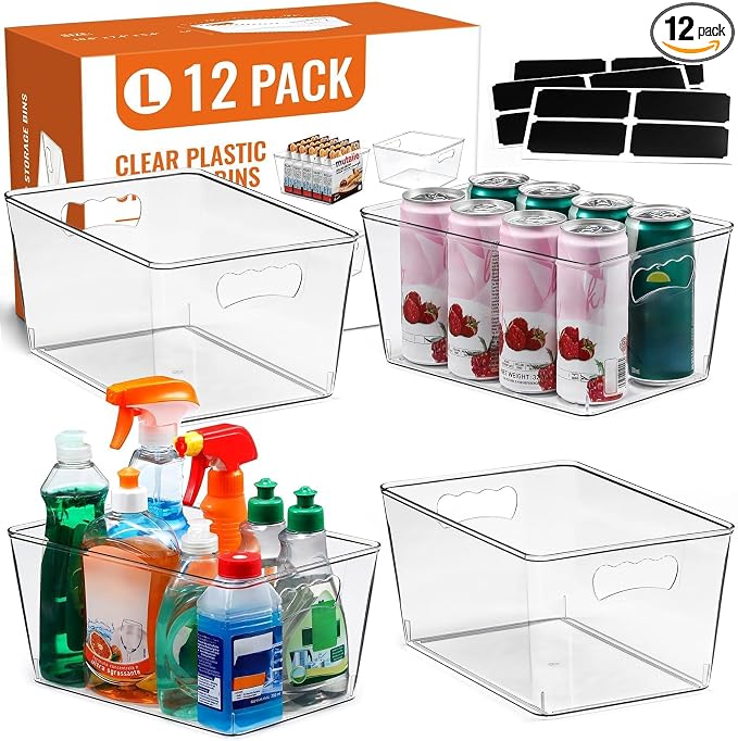12 PACK LARGE Clear Storage Bins by MakeLifeBetterEasier