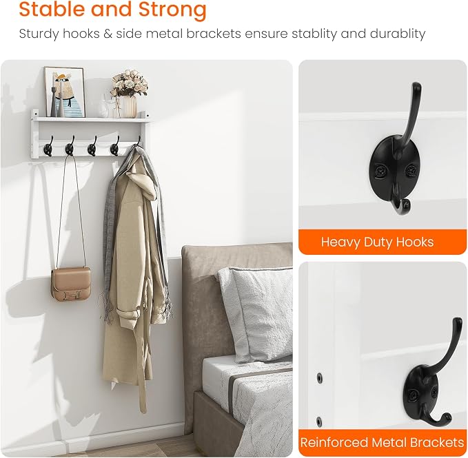Wall Shelf with Hooks, Coat Rack Wall Mount with Pegs, Hanging Entryway Coat - Image 5