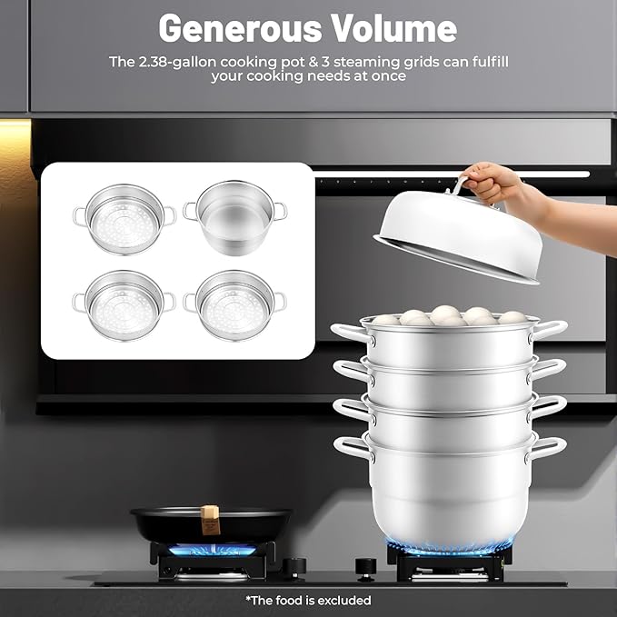 5-Tier Steamer Pot for Cooking, D12.8in Stainless Steel Steamer Cookware with Handles Glass Lid & Strainer Baskets for Food Dumpling Fish Vegetable Seafood