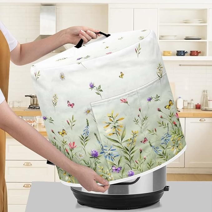 Dust Cover for 8 Quart Pressure Cooker and Extra Accessories, Dust Proof Easy to Clean Cover Electric Appliance Air Fryer Accessories with Storage Pocket, Floral Green