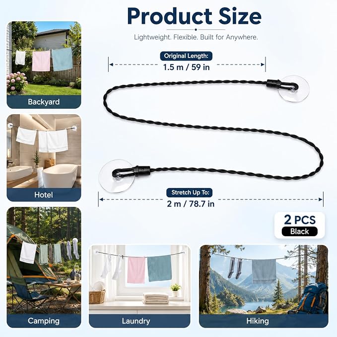 2 Pack Travel Clothesline, Portable Clothes Line Black Retractable Clothesline - Image 2