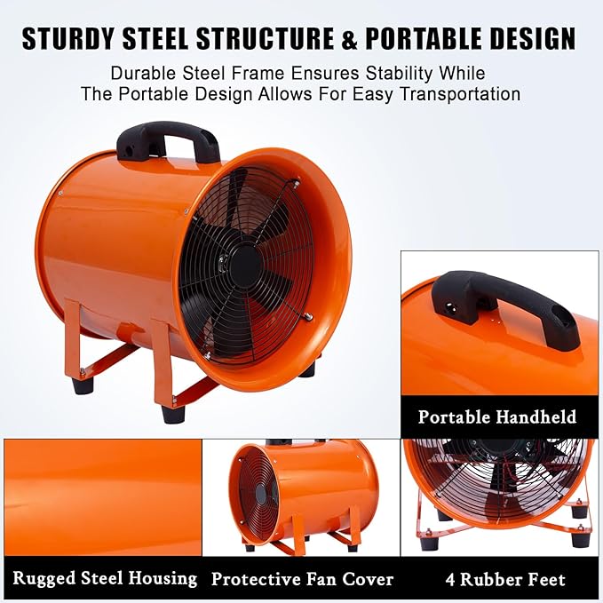 12 in Utility Blower Exhaust Fan with 32.8 ft Duct, 3500 r/min & 3500 CFM Heavy Duty Blower Fan, High Velocity Low Noise Extraction and Ventilation Fan for Ventilating Workshops, Confined Space