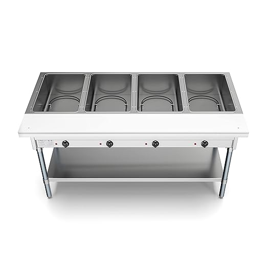 KoolMore 4-Pan Open Well Commercial Electric Stainless Steel Steam Table Food Warmer for Buffets with Undershelf, Warming Control Knobs, and Front Serving Area [120V] (KM-OWS-4), Silver