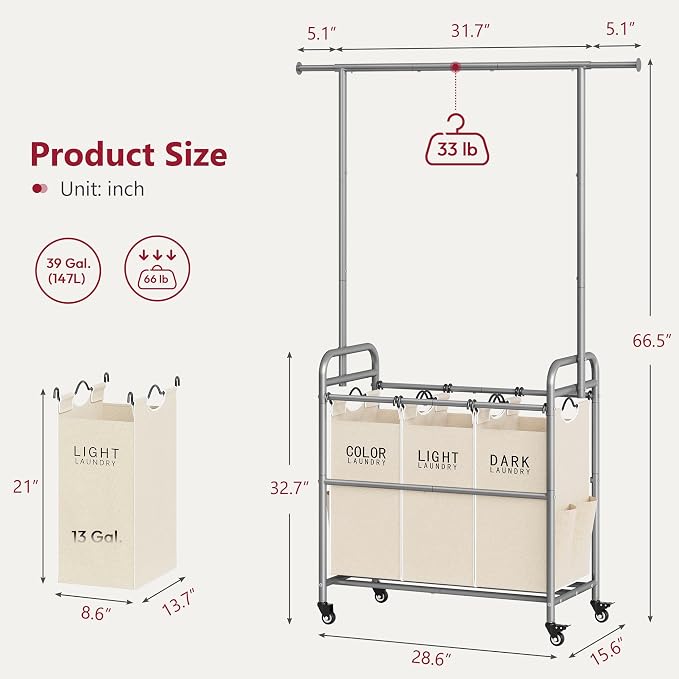 Tajsoon Laundry Hamper with Hanging Rack, Laundry Sorter 3 Section - Image 7