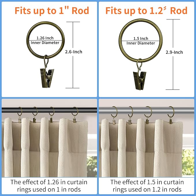 Curtain Rings with Clips, 42 Pack Metal Drapery Rings with Clips Hooks Hangers - Image 3
