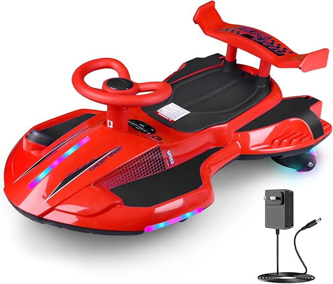 12V Electric Wiggle Car Ride On Toy, Swing Car with Pedal, for Kids from Ages 3 and Up, Birthday Gifts for Boys and Girls, Anti-Rollover, Flashing Wheels, Bluetooth(Black+Red)