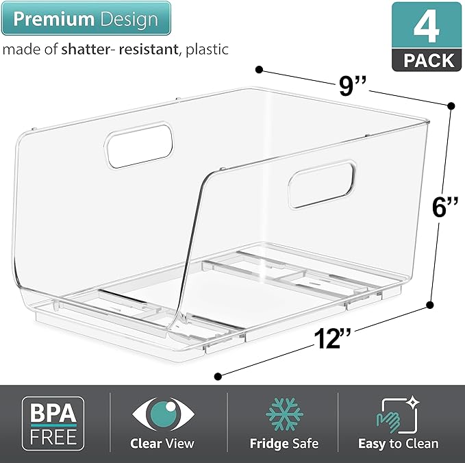 Sorbus Stackable Storage Bins Open Front - Clear Stackable Storage Bins - Pantry Bins for Storage and Organization - Acrylic Stackable Bins for Kitchen - Clear Pantry Organizer Bins (Medium 4 Pack)