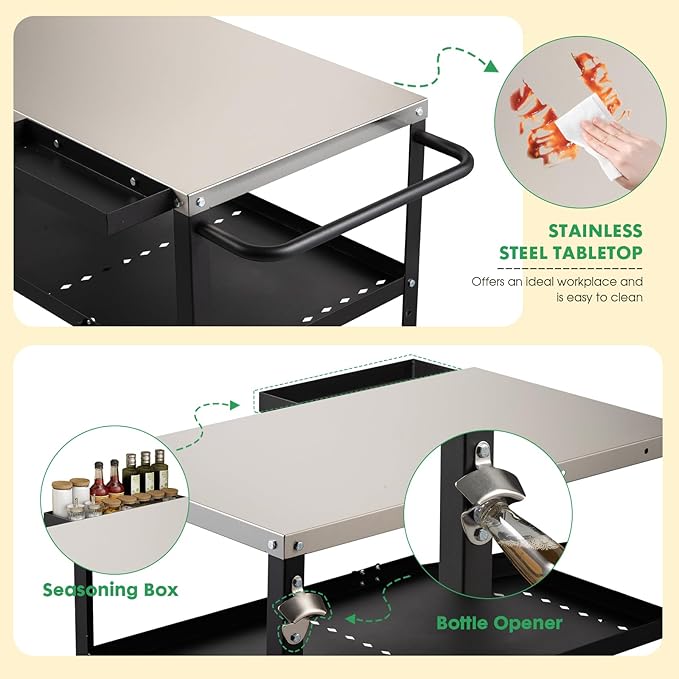 Outdoor Grill Cart Table,Indoor and Outdoor Pizza Oven Table,with 4 Movable Total Lock Casters, Hooks, Side Handle Multifunctional (Black) (Stainless Steel)