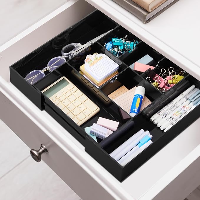 Briwooody Black Acrylic Drawer Organizer Expandable, 8 Compartments, Large | - Image 7